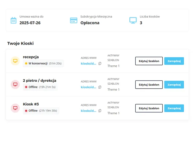 Panel KioskSide: lista kiosków, statusy, licencja i przyciski zarządzania