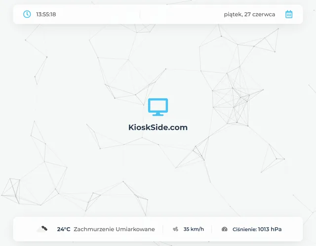Ekran startowy KioskSide z godziną, datą i informacjami pogodowymi